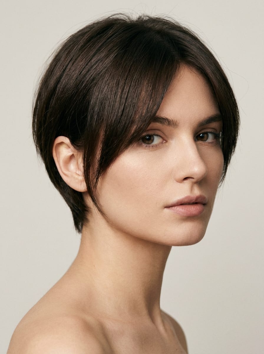 Sleek Bixie mit Seitenscheitel - Kurzhaarfrisur für glatte Haare